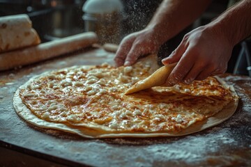 Hands preparing a round, cheese-filled flatbread on a floured surface. Golden layers of dough are carefully folded, showcasing traditional baking artistry.