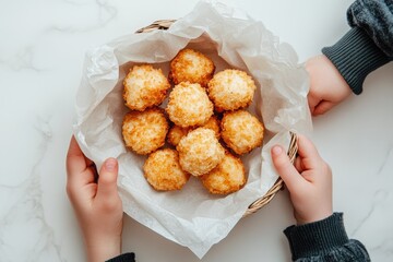 Two pairs of hands hold a rustic basket filled with golden-brown fried snacks, possibly cheese balls, presented on a bright marble surface.