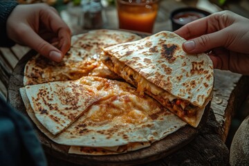 Savory quesadillas with gooey melted cheese being served and shared on a rustic wooden surface. Perfect for a casual meal.