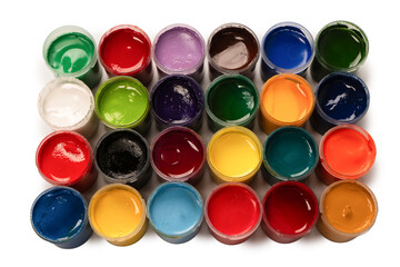 Gouache colorful paints set. Jars of gouache paint isolated on a white background.