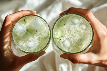 Two hands hold refreshing green drinks with ice, possibly cucumber or matcha, offering a cool, healthy beverage in natural light.