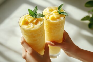 Two hands hold refreshing pineapple smoothies, topped with chunks and mint, capturing a vibrant, sunlit moment.