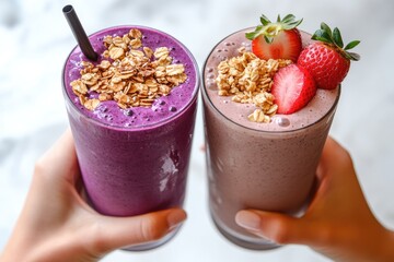 Hands holding two delicious, healthy smoothies. Purple berry blend with granola and a creamy strawberry oat blend. Refreshing and nutritious.