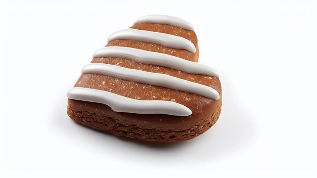 Heart-shaped cookie with white icing on white background.