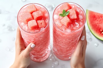 Hands hold two tall glasses of refreshing watermelon drinks with ice, fresh fruit chunks, and a mint garnish, perfect for summer.
