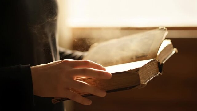 Hand holding an old book. Dust particles float in air. Soft, natural lighting. Focus on book