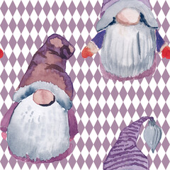 A charming and whimsical seamless watercolor pattern featuring festive gnomes (or Nordic tomte) set against a stylized geometric backdrop.