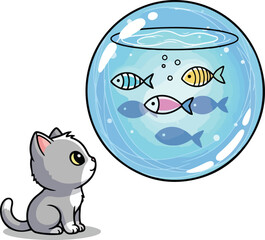 Curious Kitten Looking at Fish in a Round Fishbowl