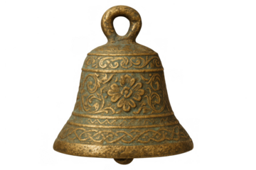 Ornate bronze bell with vintage design, featuring intricate floral patterns, historical and decorative art