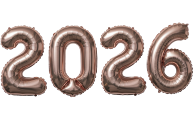  Festive Rose Gold Foil Balloons Forming 2026 for New Year Celebration on a transparent background PNG image