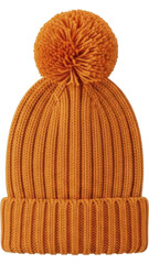Warm orange ribbed knit beanie hat with fluffy pompom for winter celebrations on a transparent background, PNG image, PNG file