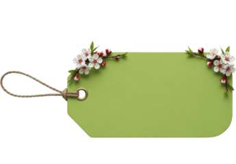  New Beginnings Green Tag with Spring Blossoms and Rope Tie on a Transparent Background PNG image