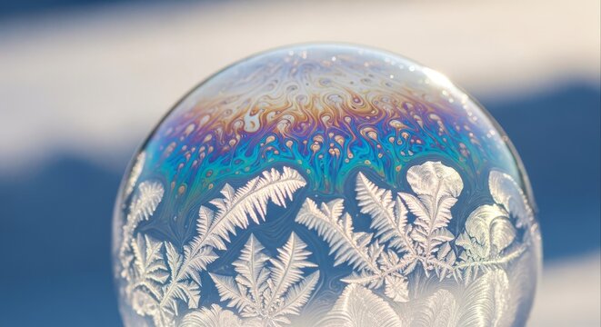 A frozen soap bubble displays intricate ice crystals and iridescent rainbow colors against a blurred blue sky background. - Powered by Adobe