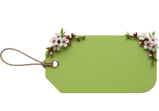  New Beginnings Green Tag with Spring Blossoms and Rope Tie on a Transparent Background PNG image