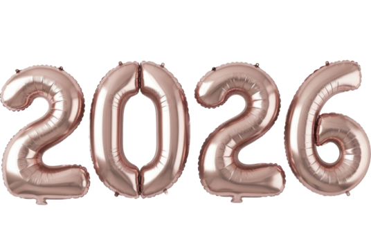 Rose Gold Metallic Foil Balloons 2026 for New Year Celebration on a transparent background, PNG image, PNG file