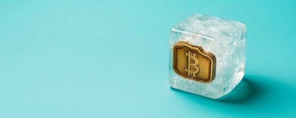 Frozen Future Gold Coin in Ice Cube on Teal ,Finance ,Crypto