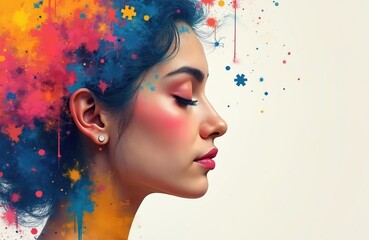 Woman profile displays colorful abstract thoughts or ideas. Puzzle pieces integrated into her blue hair suggest neurodiversity and unique cognitive styles.