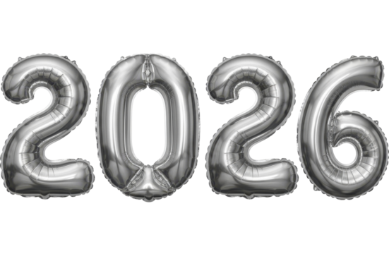 Silver metallic 2026 numbers for New Year celebration on a transparent background PNG image PNG file
