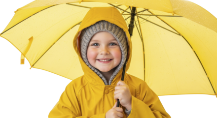  Smiling child in yellow raincoat and knitted hat holding yellow umbrella with raindrops on a transparent background PNG image PNG file