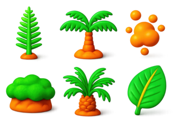 Vibrant Ancient Forest Icons. 3D icon set of ancient forests: towering fern, tree fern, moss carpet, spore cloud, cycads, giant