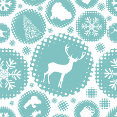 Seamless Christmas background with snowflakes, branches and deer. Not AI. Vector illustration