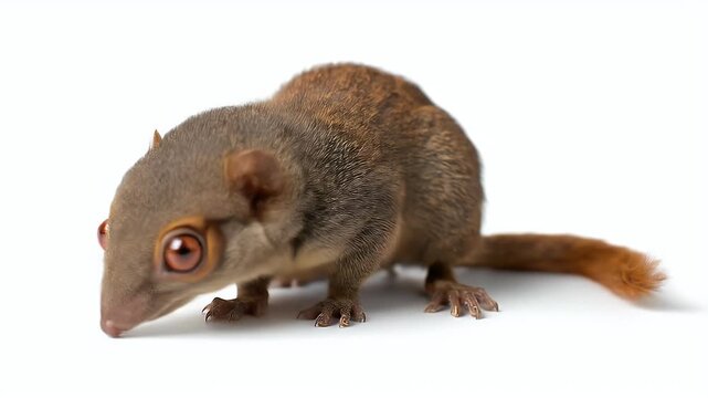 Curious Mouse Lemur on White Background, Looking Down.