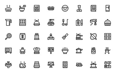 Cooking icon set. Kitchen vector illustration. Inclues symbols for chef, oven,stove, grill, cake, salad,milk, egg and more. Editabe stroke.