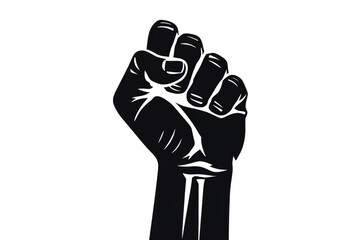 A black clenched fist, a powerful symbol of solidarity, resistance, and strength, raised against a plain dark transparent background. background removed