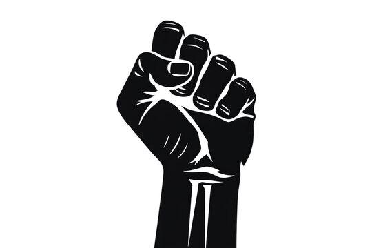A black clenched fist, a powerful symbol of solidarity, resistance, and strength, raised against a plain dark transparent background. background removed