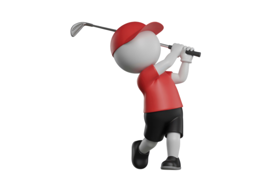 A charming 3D cartoon character in a red cap and shirt dynamically swings a golf club, ready for a perfect shot. background removed