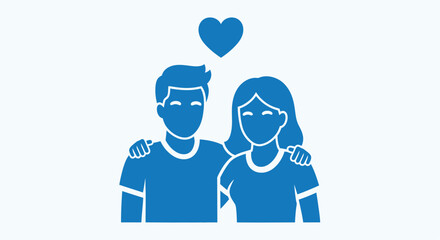 Couple embracing with a heart above simplistic blue design silhouette