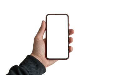 Close-up of a hand holding a red-framed smartphone with a pristine blank white display, perfect for app mockups. background removed