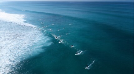Surfers ride beautiful waves in a stunning ocean. This scenic image captures the essence of surfing culture. Aerial view showcases the clear blue water and dynamic action. AI