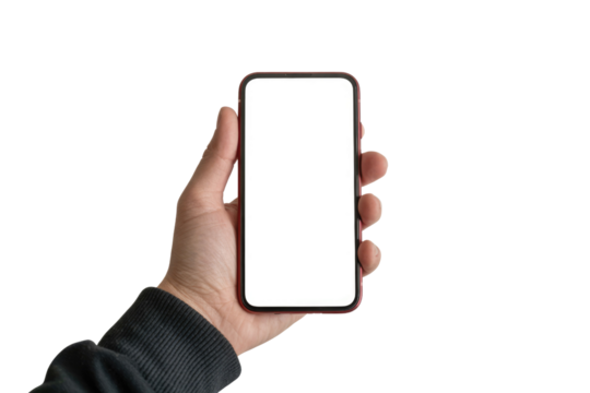 Close-up of a hand holding a red-framed smartphone with a pristine blank white display, perfect for app mockups. background removed