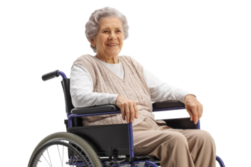 A smiling elderly woman with grey hair sits comfortably in a wheelchair, looking positively to the side against a transparent background. background removed
