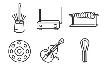 Experimental Instrument Icons. Line style icons of experimental instruments: waterphone, theremin, glass harmonica, handpan, hurdy