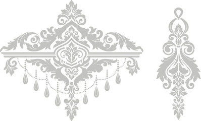 Ornate grayscale decorative set, vintage floral scroll motifs, symmetrical embellishment vector, antique chandelier and shield design, classical ornamental artwork for textiles