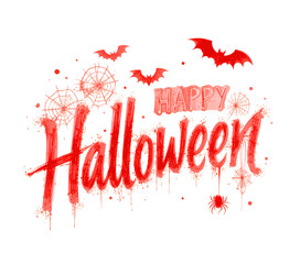 Obraz premium Happy Halloween lettering design with red bats and webs in handwritten calligraphy on white background for spooky décor.
