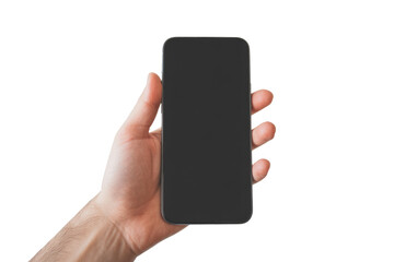 Man's hand holding a blank smartphone display, perfect for app mockups, isolated on solid transparent background. background removed