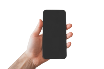 Man's hand holding a blank smartphone display, perfect for app mockups, isolated on solid transparent background. background removed