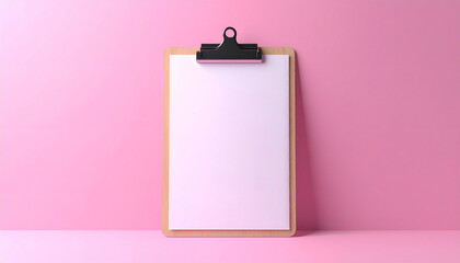 Clipboard with blank paper, isolated on pink background, productivity and task completion. Mock-up