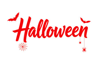 Hand-drawn spooky Happy Halloween calligraphy with red bats and spider webs on white background for seasonal artwork.
