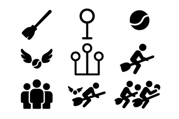 Obraz premium Wizardry Game Icons. Solid style icons of Wizardry-Inspired Game: Broomstick, Hoop, Bludger, Snitch Runner, Goal Post, Player,