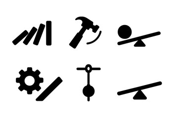Obraz premium Rube Goldberg Icons. Solid style icons of Rube Goldberg machine elements: Falling Dominoes, Swinging Hammer, Rolling Marble,