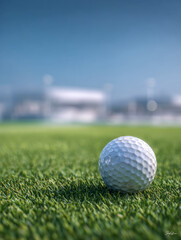 Obraz premium A detailed close-up of a white golf ball resting on vibrant green grass with a blurred golf course and clear blue sky in the background during daytime