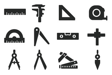 Measuring Instruments Icons. Solid style icons of measuring instruments: ruler, caliper, square, tape measure, protractor, angle