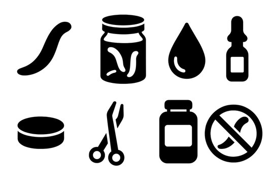 Vintage Leech Jar Icons. Solid style icons of Vintage Leech Jar: Leeches, Glass, Bloodletting, Medicine, Lid, Droplet, Forceps,