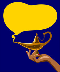 Woman's hand holding a gold Aladdin's Magic Lamp with a yellow cloud in the shape of a speech bubble coming out of it against the blue background. Vector 
minimalism cartoon style illustration
