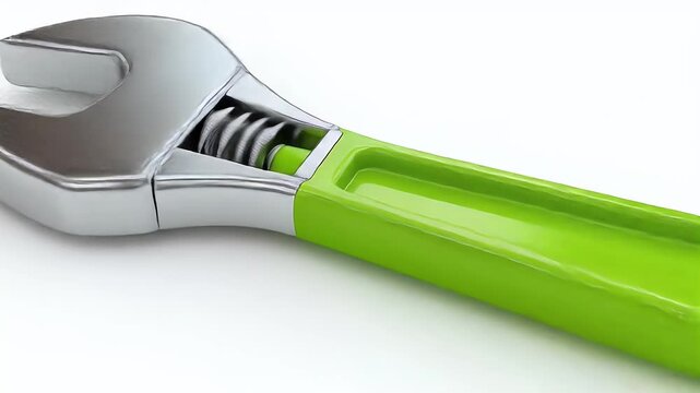 Green and Silver Adjustable Wrench on White Background.