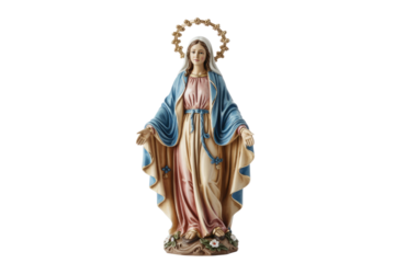 A beautiful statue of the Blessed Virgin Mary, Our Lady of Grace, with outstretched hands and a radiant halo. background removed